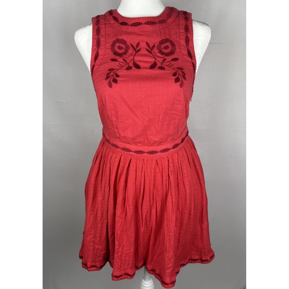 Free People Dress Women's 0 Red Floral Embroidered Birds Of A Feather Mini